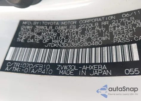 2011 Toyota Prius Two z USA, uszkodzony, nr VIN JTDKN3DU3B5280480